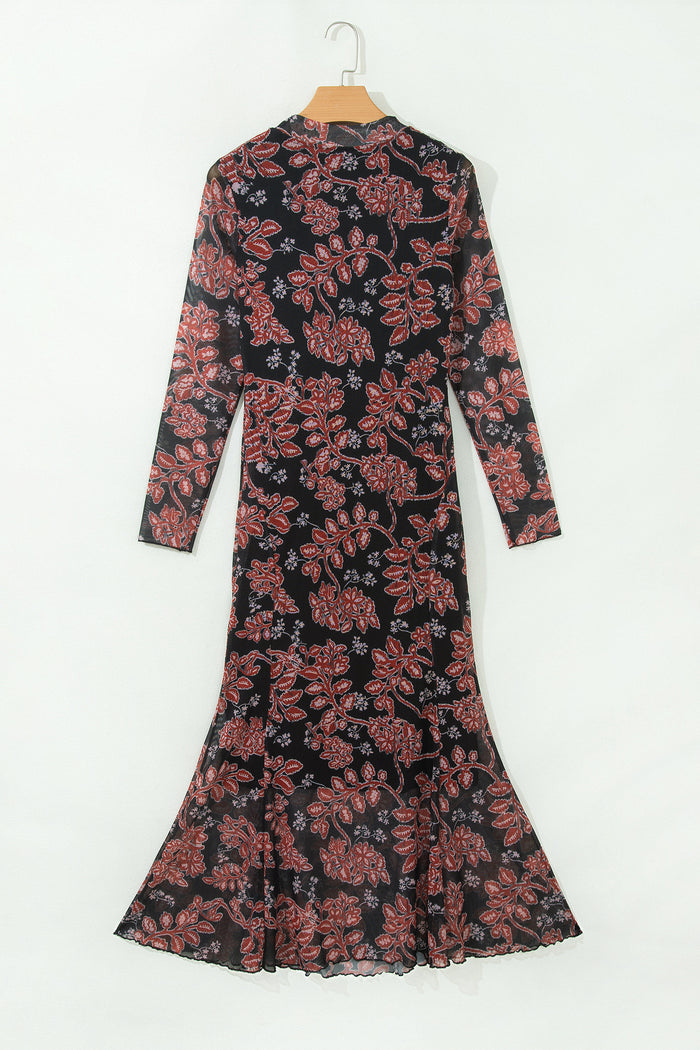 Black Retro Floral Print Long Sleeve Casual Mesh Dress 🇺🇸