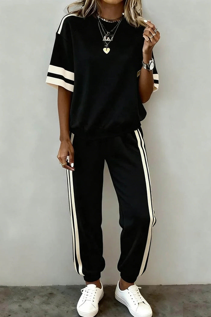 Black Varsity Striped Detail Loose Tee Jogger Pants 2pcs Outfit 🇺🇸
