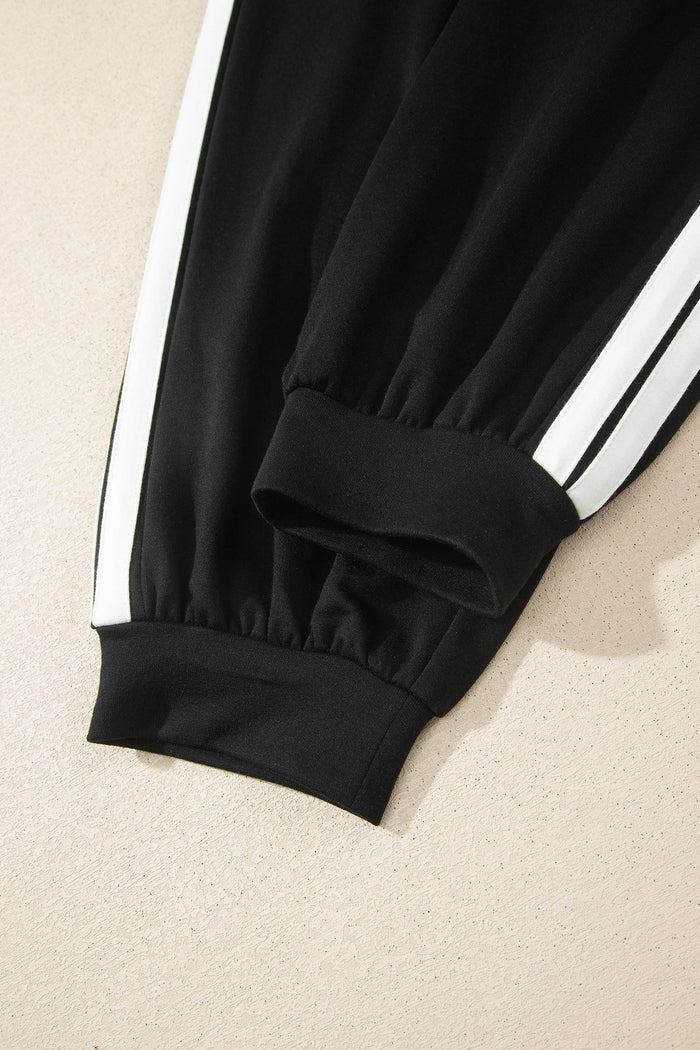 Black Varsity Striped Detail Loose Tee Jogger Pants 2pcs Outfit 🇺🇸