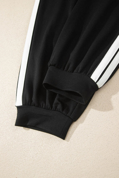 Black Varsity Striped Detail Loose Tee Jogger Pants 2pcs Outfit 🇺🇸