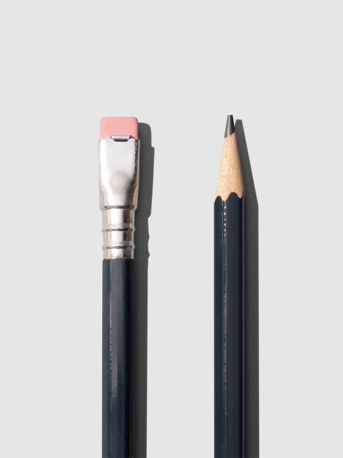 Closeup of dark grey wooden pencils displayed on a neutral background. One is shown eraser side up, the other point side up.