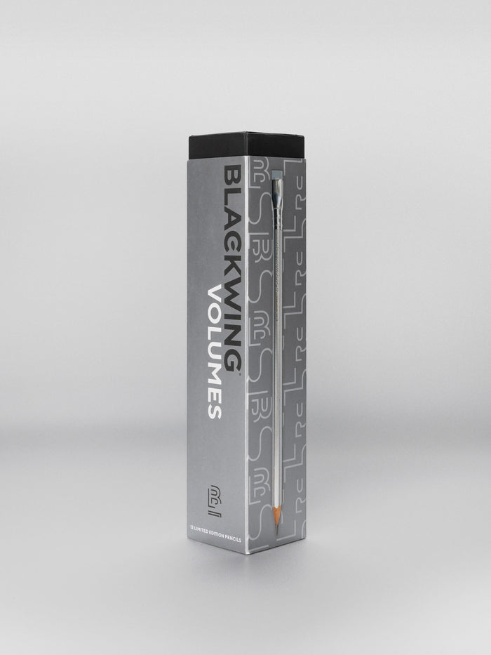 Box of Blackwing Volumes 140 pencils standing upright, featuring a sleek gray design.