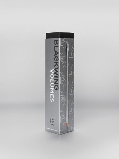 Box of Blackwing Volumes 140 pencils standing upright, featuring a sleek gray design.