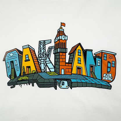 The Oaklandish Blockletters Tee features a colorful cityscape spelling "OAKLAND," with each letter as a landmark. A clock tower forms the "L," and a subway train, greenery, and graffiti capture the city's vibrant urban spirit.