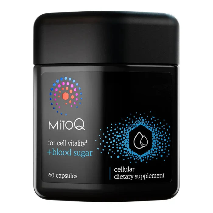 A black jar of MitoQ cellular dietary supplement with a black lid, featuring a label with blue, white, and multicolor graphics.