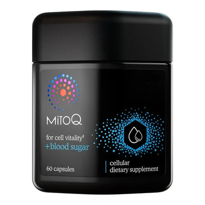 A black jar of MitoQ cellular dietary supplement with a black lid, featuring a label with blue, white, and multicolor graphics.
