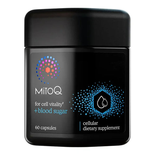 A black jar of MitoQ cellular dietary supplement with a black lid, featuring a label with blue, white, and multicolor graphics.