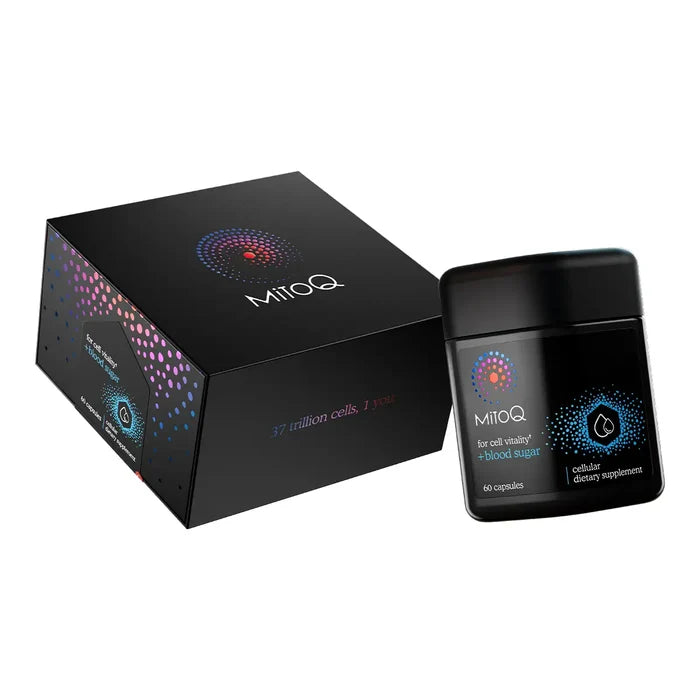 MitoQ dietary supplement packaging, showing a black box and a matching black jar with a black lid.