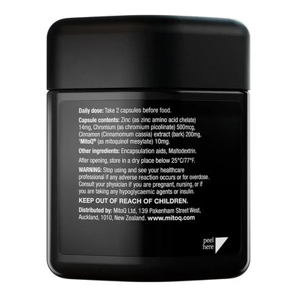 The back of a black supplement jar with a matching black lid, featuring white text.