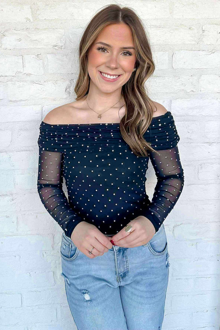 Blue Off Shoulder Polka Dot Mesh Long Sleeve Sheath Top 🇺🇸