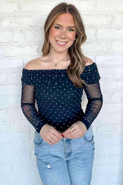 Blue Off Shoulder Polka Dot Mesh Long Sleeve Sheath Top 🇺🇸
