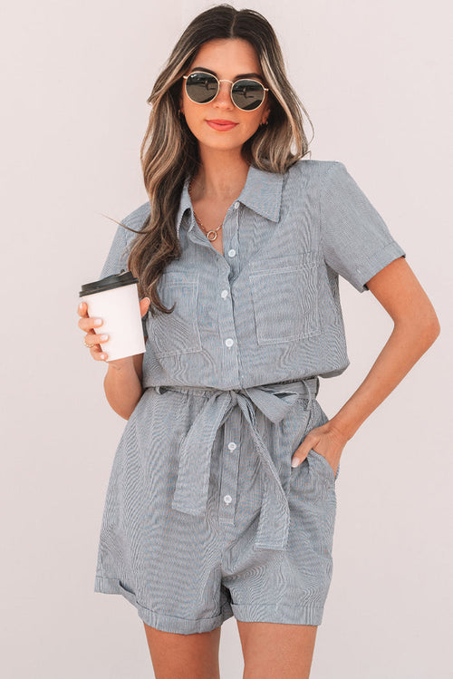 Blue Stripe Chest Pockets Buttoned Belted High Waist Romper 🇺🇸