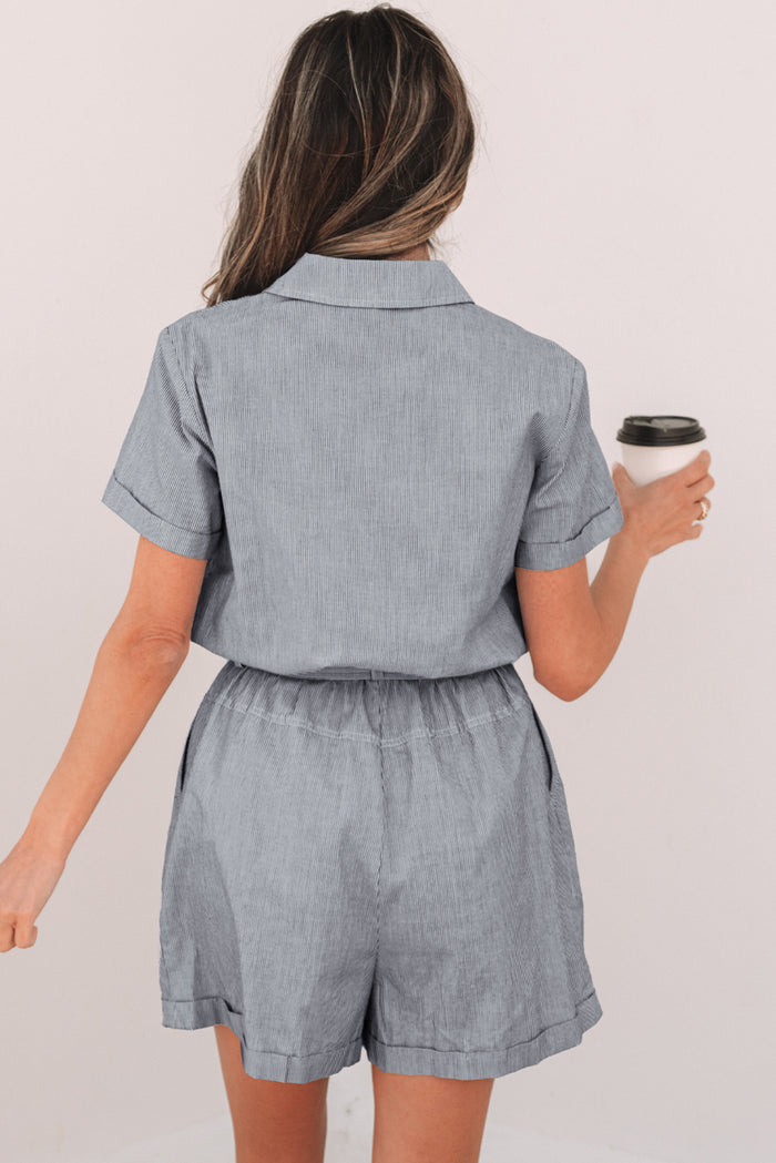 Blue Stripe Chest Pockets Buttoned Belted High Waist Romper 🇺🇸