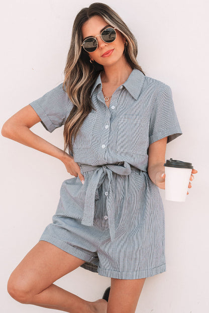 Blue Stripe Chest Pockets Buttoned Belted High Waist Romper 🇺🇸