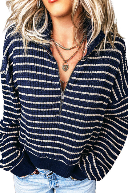 Blue Stripe Textured Knit Half Zip Collared Long Sleeve Top 🇺🇸