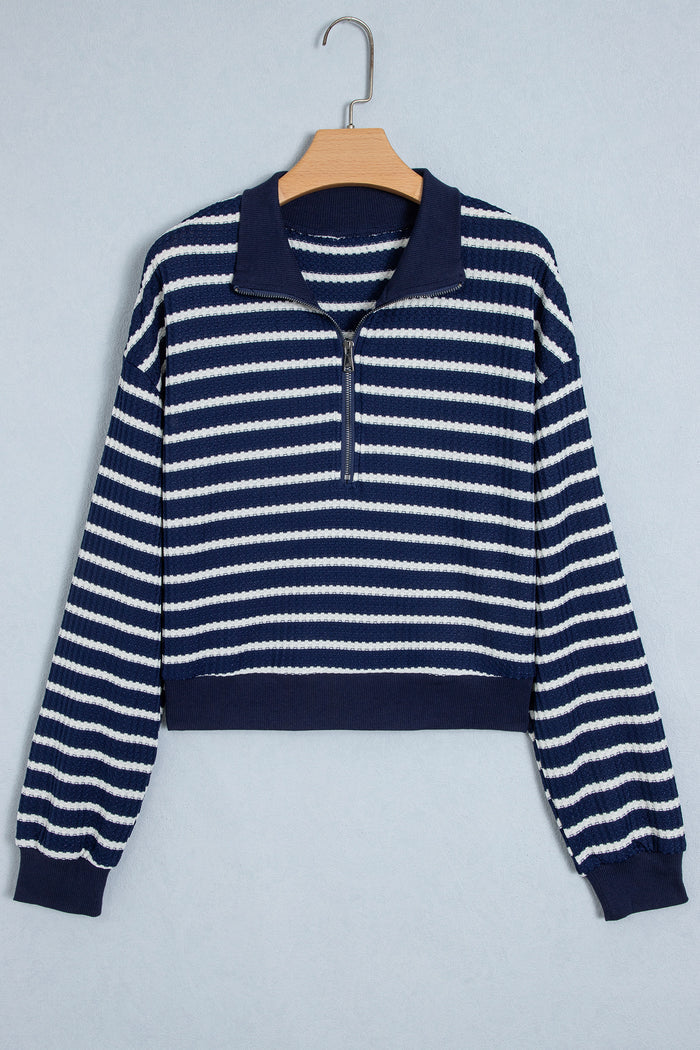 Blue Stripe Textured Knit Half Zip Collared Long Sleeve Top 🇺🇸