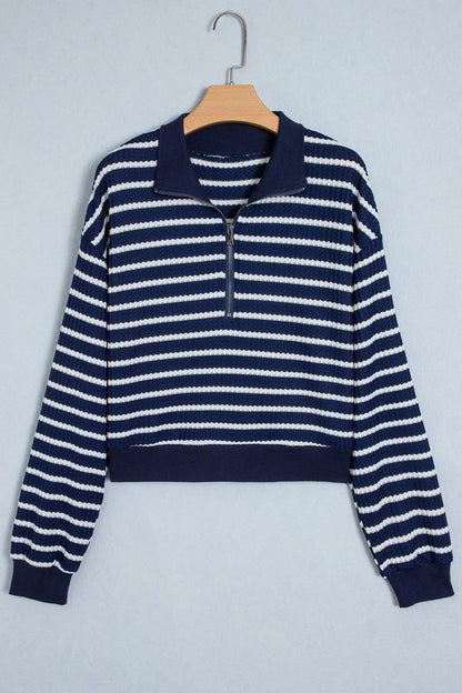 Blue Stripe Textured Knit Half Zip Collared Long Sleeve Top 🇺🇸