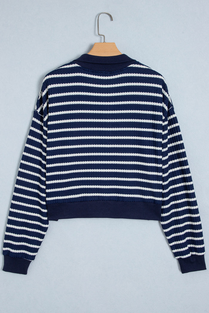 Blue Stripe Textured Knit Half Zip Collared Long Sleeve Top 🇺🇸
