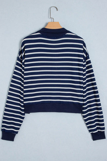 Blue Stripe Textured Knit Half Zip Collared Long Sleeve Top 🇺🇸