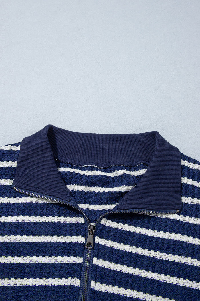 Blue Stripe Textured Knit Half Zip Collared Long Sleeve Top 🇺🇸