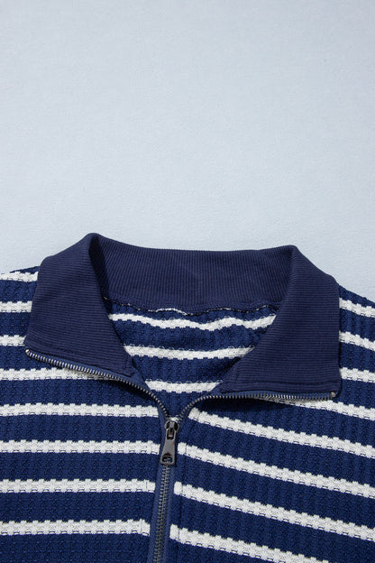 Blue Stripe Textured Knit Half Zip Collared Long Sleeve Top 🇺🇸