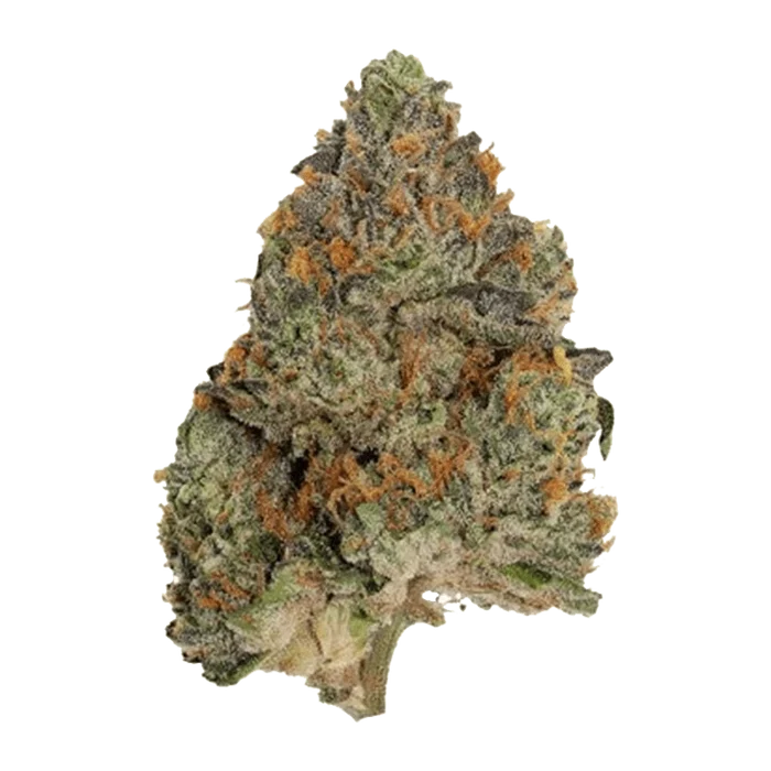 Close-up top-down view of a frosty, green-and-orange bud labeled Blue Zushi, shown against a neutral background highlighting its dense trichomes and leafy texture