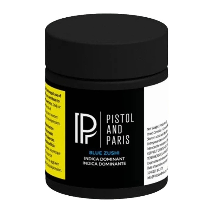 Front three-quarter view of the black jar labeled Pistol and Paris Blue Zushi with a centered white logo and yellow side warning panel.