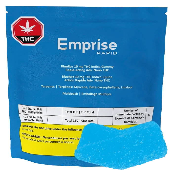 BlueRaz THC Gummies shown as a front-facing blue multipack pouch labeled Emprise Rapid with a blue gummy visible at the bottom.