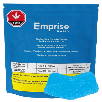 BlueRaz THC Gummies shown as a front-facing blue multipack pouch labeled Emprise Rapid with a blue gummy visible at the bottom.