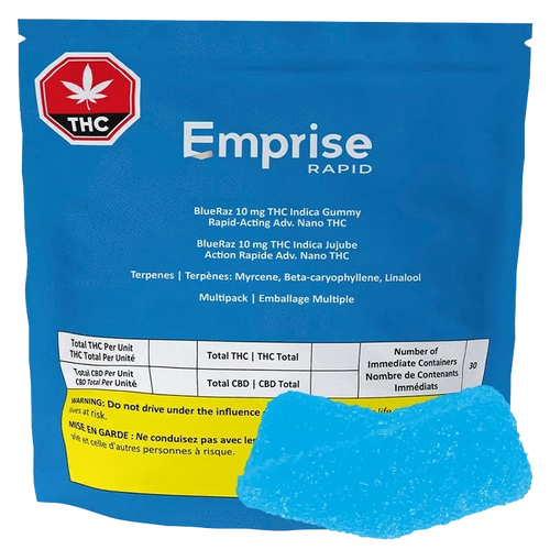 BlueRaz THC Gummies shown as a front-facing blue multipack pouch labeled Emprise Rapid with a blue gummy visible at the bottom.