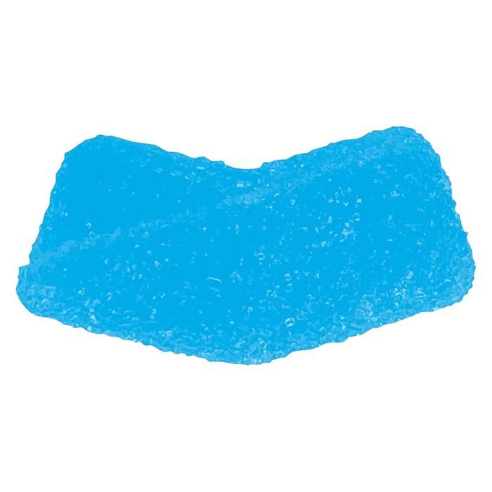Close-up, top-down view of a single bright blue BlueRaz THC Gummies piece with a sugar-crystal textured surface.