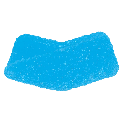 Close-up, top-down view of a single bright blue BlueRaz THC Gummies piece with a sugar-crystal textured surface.