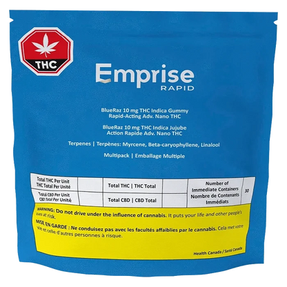 Rear view of the blue pouch packaging showing the Emprise Rapid BlueRaz THC Gummies label, dosage text, and a yellow warning block.