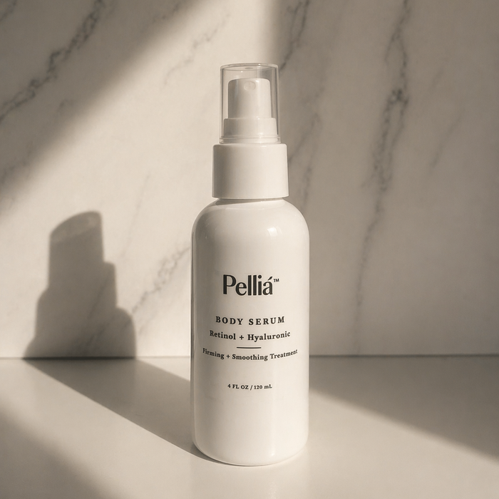 body serum bottle on a marble background