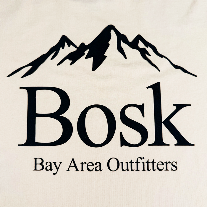 Introducing the Bosk Outdoors Tee by Other—featuring a black mountain silhouette above the bold word “Bosk” and “Bay Area Outfitters” beneath, printed on a heavyweight cotton oversized fit t-shirt.