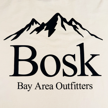 Introducing the Bosk Outdoors Tee by Other—featuring a black mountain silhouette above the bold word “Bosk” and “Bay Area Outfitters” beneath, printed on a heavyweight cotton oversized fit t-shirt.