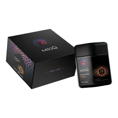 MitoQ dietary supplement shown with its black retail box and a black jar.