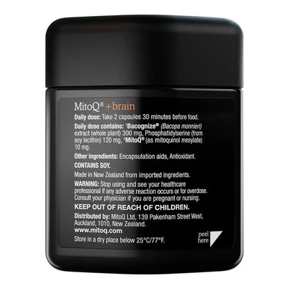 A black cylindrical supplement jar showing the back label for MitoQ +Brain.