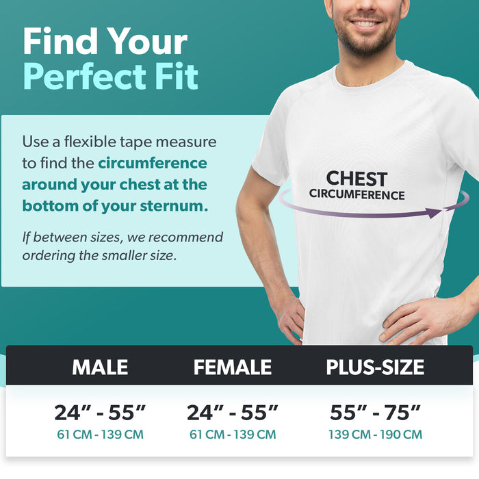 The sizing chart for the broken rib brace three fit options fitting men, women, and plus size