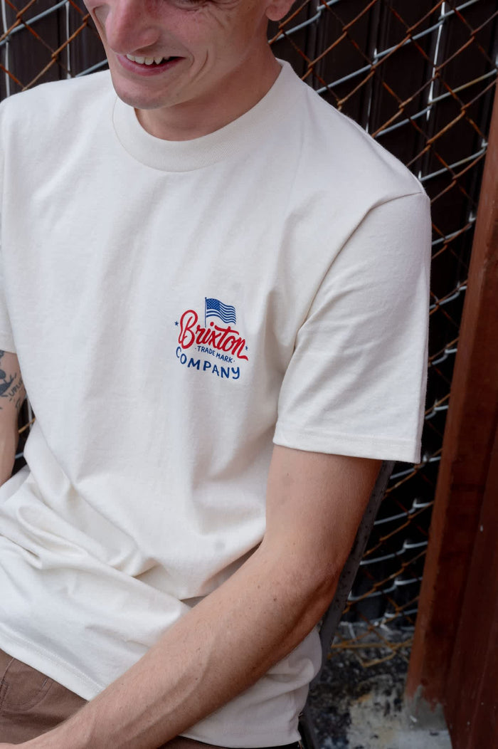 Men's Brxtn Flag Short Sleeve Standard T-Shirt in the color Cream/Navy/Red - Men's Front View