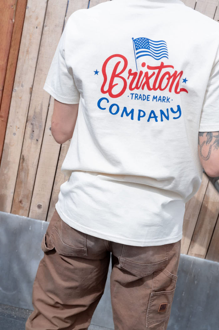 Men's Brxtn Flag Short Sleeve Standard T-Shirt in the color Cream/Navy/Red - Men's Back View