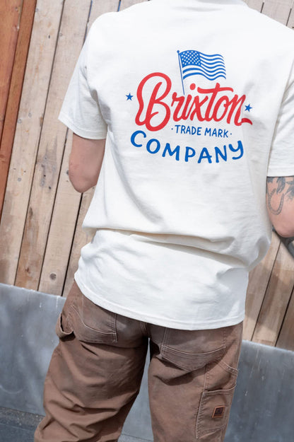 Men's Brxtn Flag Short Sleeve Standard T-Shirt in the color Cream/Navy/Red - Men's Back View