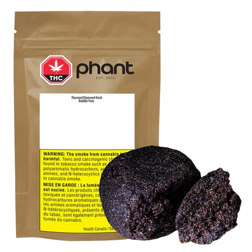 Three-quarter view of a brown resealable pouch behind two dark, crumbly Bubble Yum Hash pieces, showing the pouch's THC logo and warning label.
