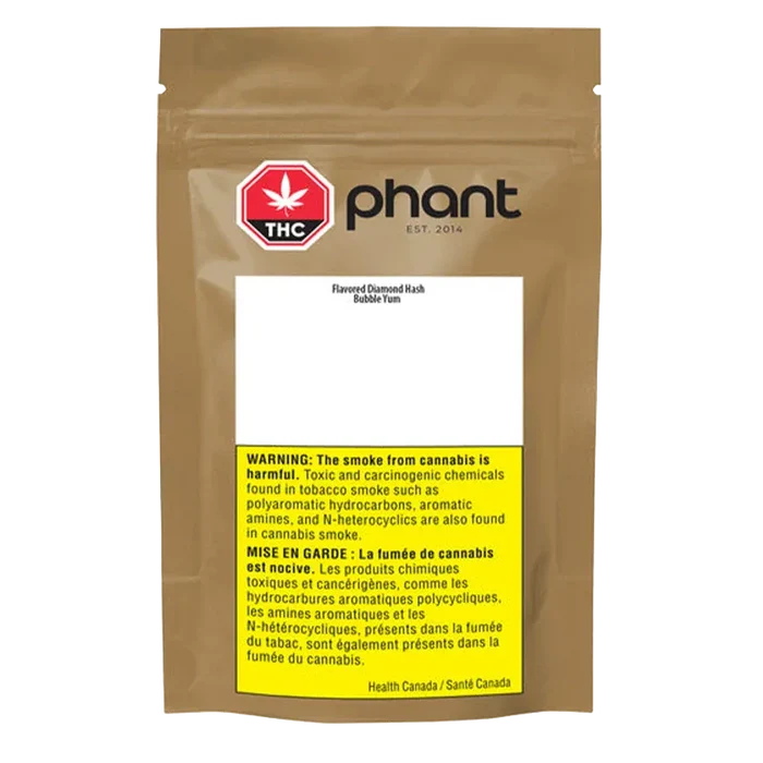 Front-facing shot of the Bubble Yum Hash pouch by phant, a tan resealable bag with a THC symbol and a yellow bilingual warning panel.