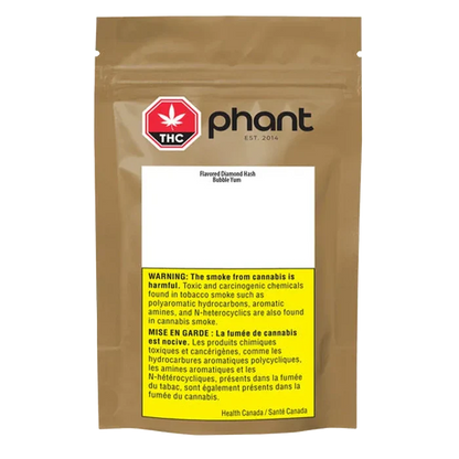 Front-facing shot of the Bubble Yum Hash pouch by phant, a tan resealable bag with a THC symbol and a yellow bilingual warning panel.