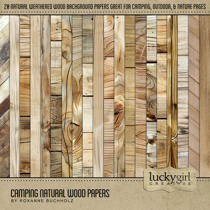 Whether you use a tent, camper, or stay in a log cabin, there's no better way to enjoy the great outdoors than with a camping trip! Add warmth to all your camping pages with these realistic natural wood papers by Lucky Girl Creative digital art for digital scrapbooking. The Camping Natural Wood Papers Kit is included in the Camping Bundle.