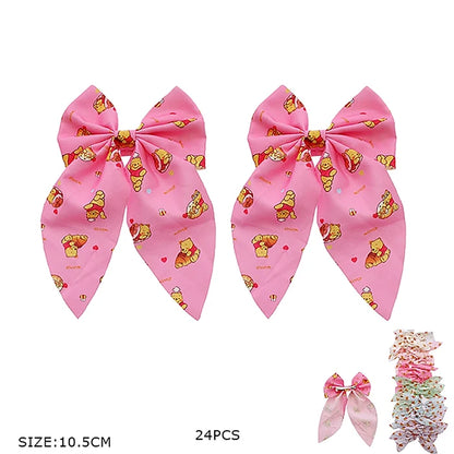 Cartoon Bear Hair Bow Clips Set – 10.5cm Cute Printed Fabric Hair Accessories with Alligator Clips for Baby Girls, Toddlers & Kids (6 Pastel Colors) (RBW-1340R)