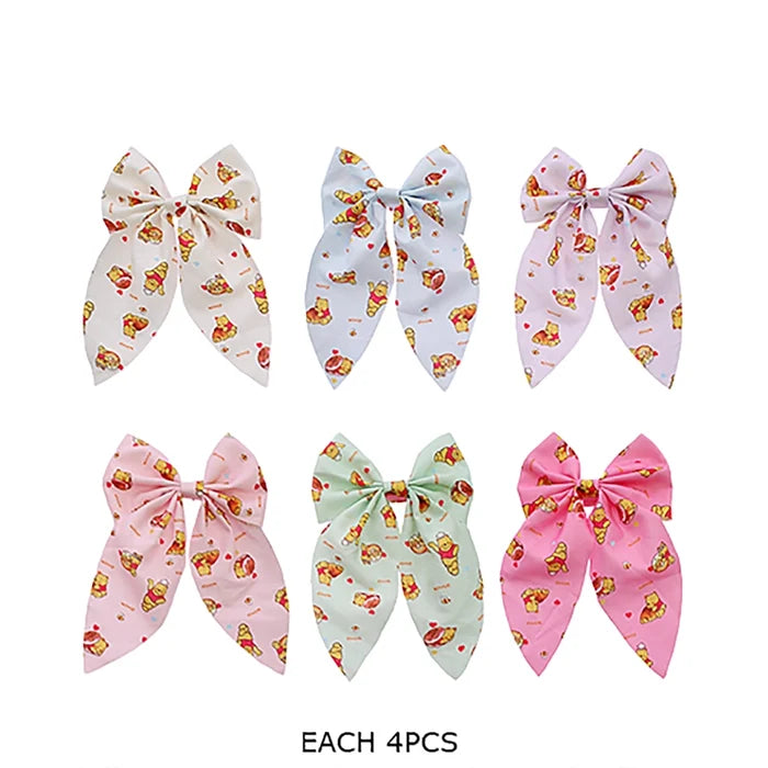 Cartoon Bear Hair Bow Clips Set – 10.5cm Cute Printed Fabric Hair Accessories with Alligator Clips for Baby Girls, Toddlers & Kids (6 Pastel Colors) (RBW-1340R)