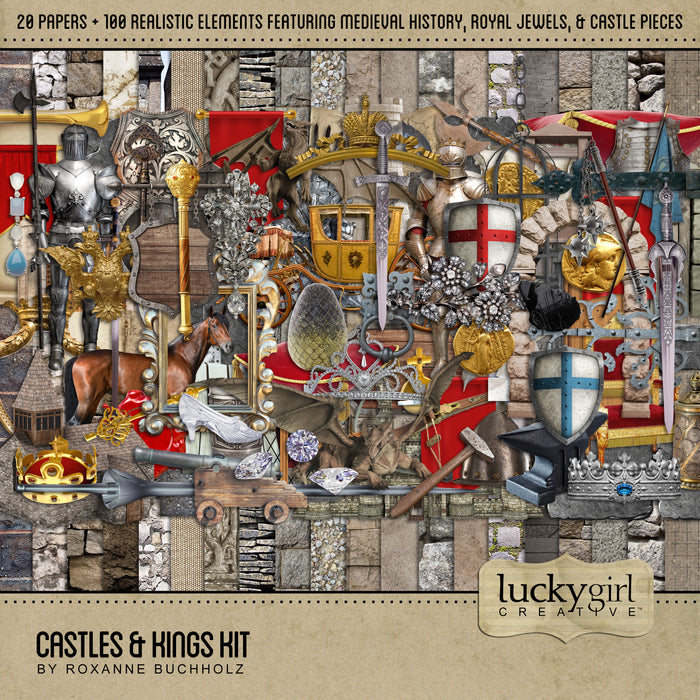This diverse collection of realistic vintage embellishments and papers by Lucky Girl Creative digital art for digital scrapbooking was inspired by all things related to castles and kings - from medieval times festivals, renaissance fairs, knights of the round table, dungeons and dragons, the Royal family, Game of Thrones, Cinderella's castle, and a touch of Frozen. Perfect for documenting visits to history museums.