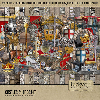 This diverse collection of realistic vintage embellishments and papers by Lucky Girl Creative digital art for digital scrapbooking was inspired by all things related to castles and kings - from medieval times festivals, renaissance fairs, knights of the round table, dungeons and dragons, the Royal family, Game of Thrones, Cinderella's castle, and a touch of Frozen. Perfect for documenting visits to history museums.